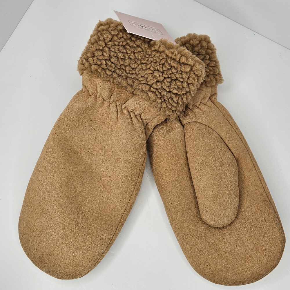 NWT Plush Lining Winter Mittens Sherpa Cuffs Cozy Tan Women's OS